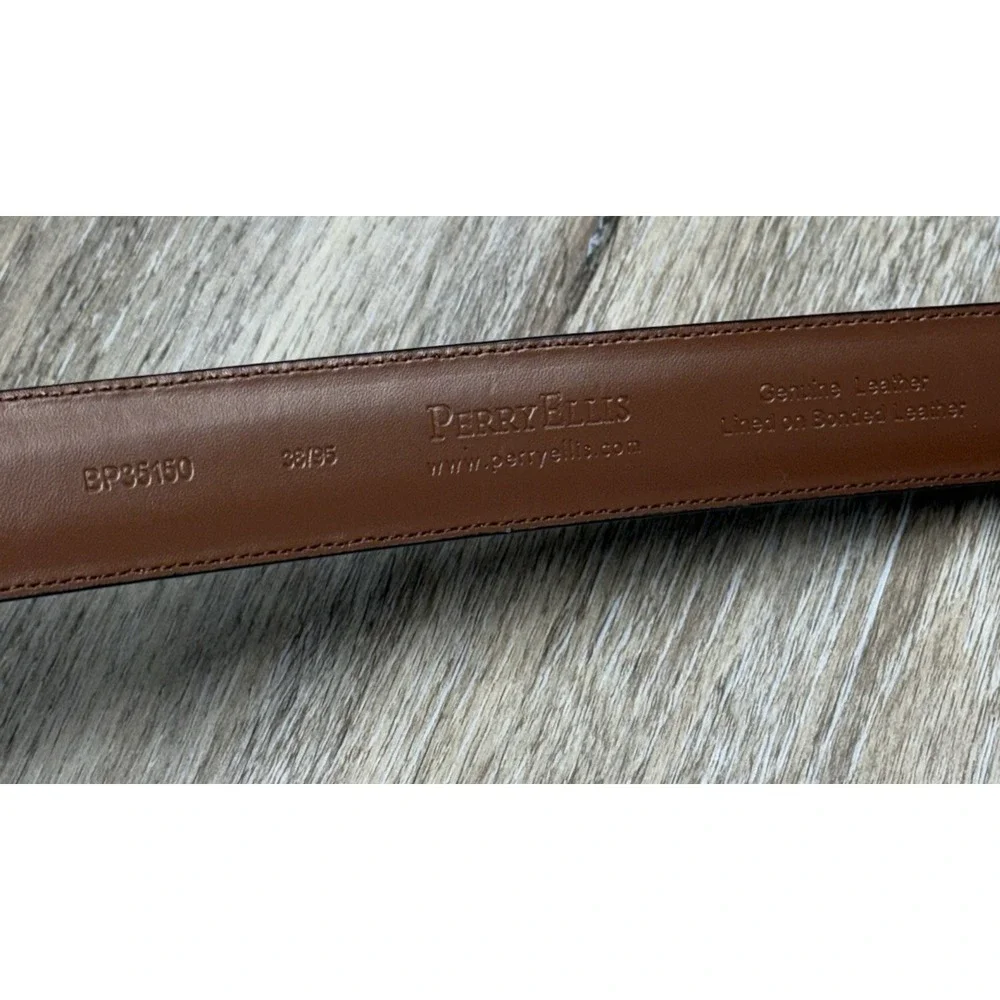 Perry Ellis Dress Belt Mens 38/95 Brown Bonded Leather Silver Buckle